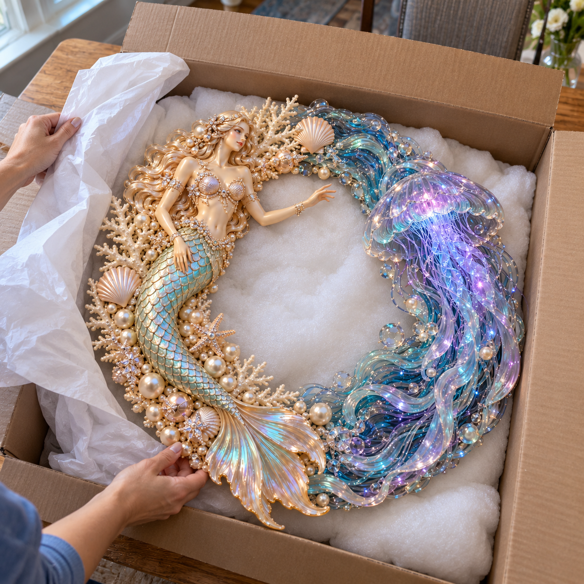 🧜‍♀️🌊 Mermaid Moonlight Wreath | Glowing Jellyfish & Ocean Decor ✨
