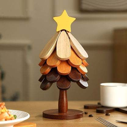 🎄 Christmas Tree Wooden Trivet Set – Foldable Hot Dish Mats with Decorative Star-Top Stand