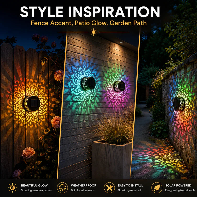 Solar Mandala Wall Light Projector, 16 Color Changing Outdoor Solar Light, Waterproof LED Decorative Light for Patio, Fence, Garden Yard