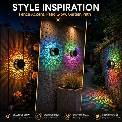 Solar Mandala Wall Light Projector, 16 Color Changing Outdoor Solar Light, Waterproof LED Decorative Light for Patio, Fence, Garden Yard