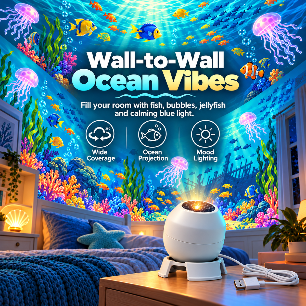 🌊 Ocean Glow Underwater Projection Light – 360° Adjustable USB-Powered Bedroom Mood Projector