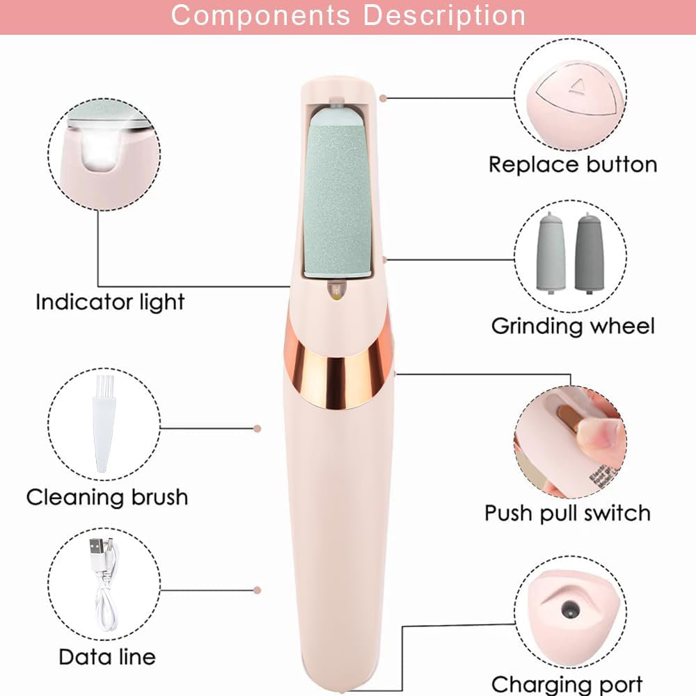 Electric Foot File – Rechargeable Callus Remover for Hard, Cracked Skin – at-Home Pedicure Kit for Smooth Feet (Men & Women) (Pink)
