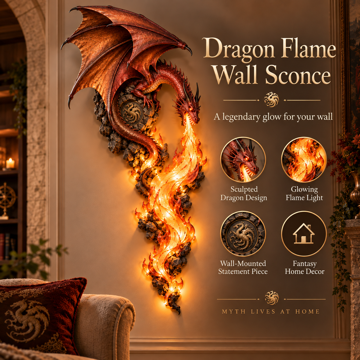 🔥Last Day 49% OFF -🐉 Mythic Dragonfire Guardian Wall Sconce | Dark Fantasy LED Flame Sconce Lamp 🔥