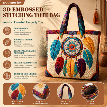 ✨ Boho Dreamcatcher Quilted Tote Bag – 3D Embroidered Feather Design, Spacious Everyday Carryall
