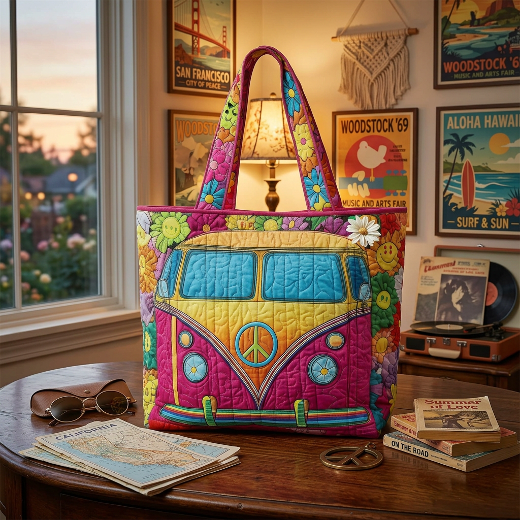Retro Hippie Van Quilted Tote – Boho Style Meets Everyday Function 🌈🌸