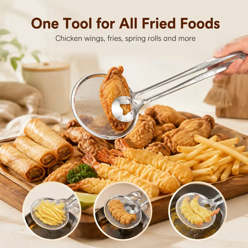 🔥 50% OFF 2-in-1 Stainless Steel Frying Filter Tongs – Clip, Drain & Serve Easily
