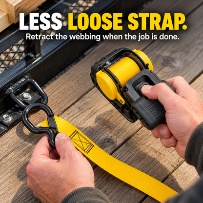 🪝🚚 Retractable Ratchet Tie-Down Strap – Auto-Rewind Webbing & Dual Hooks for Cargo, Trailers & Outdoor Gear