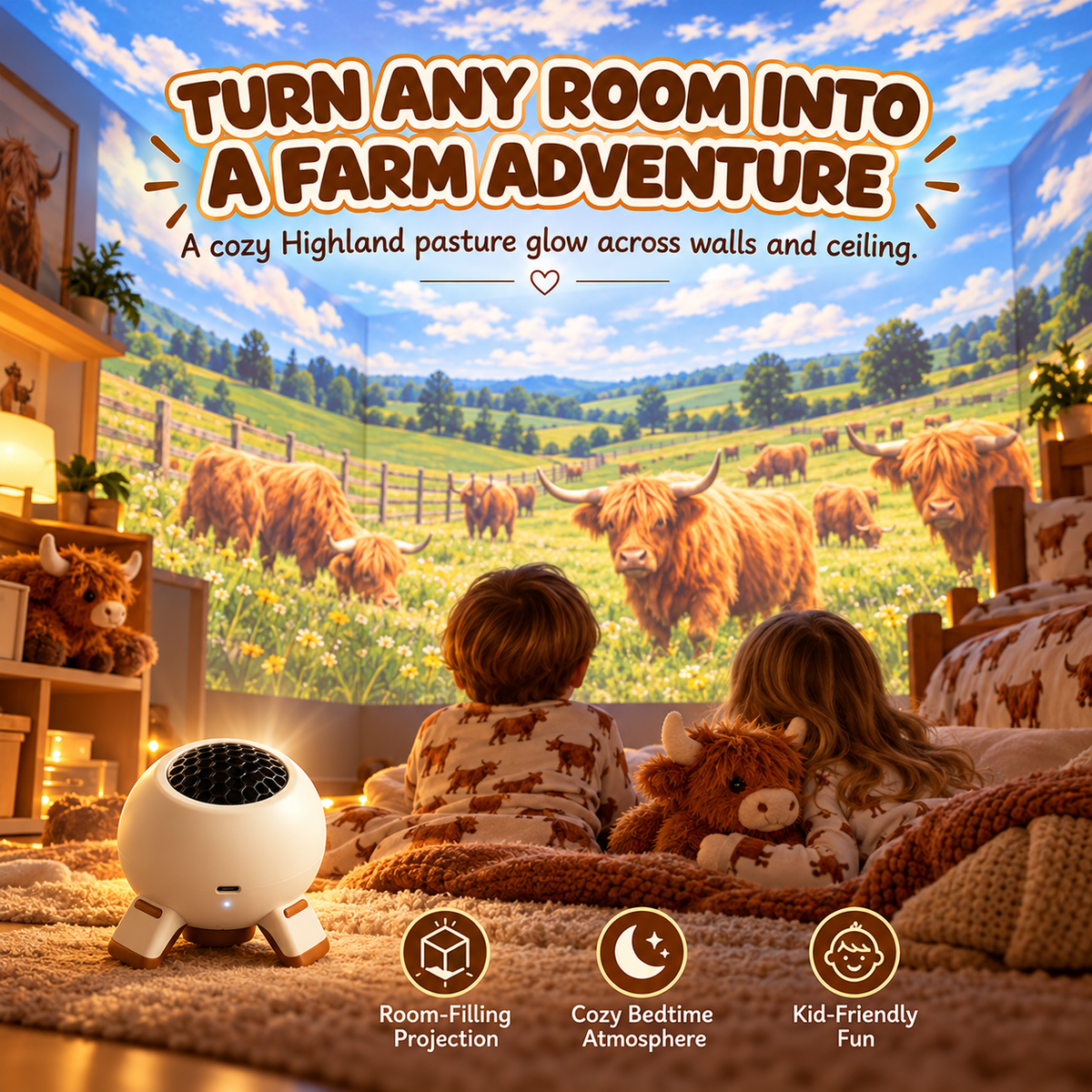 🐮 Highland Cow Dream Projector – Farm-Themed Bedroom Light for Kids, Cozy Bedtime Room Projector