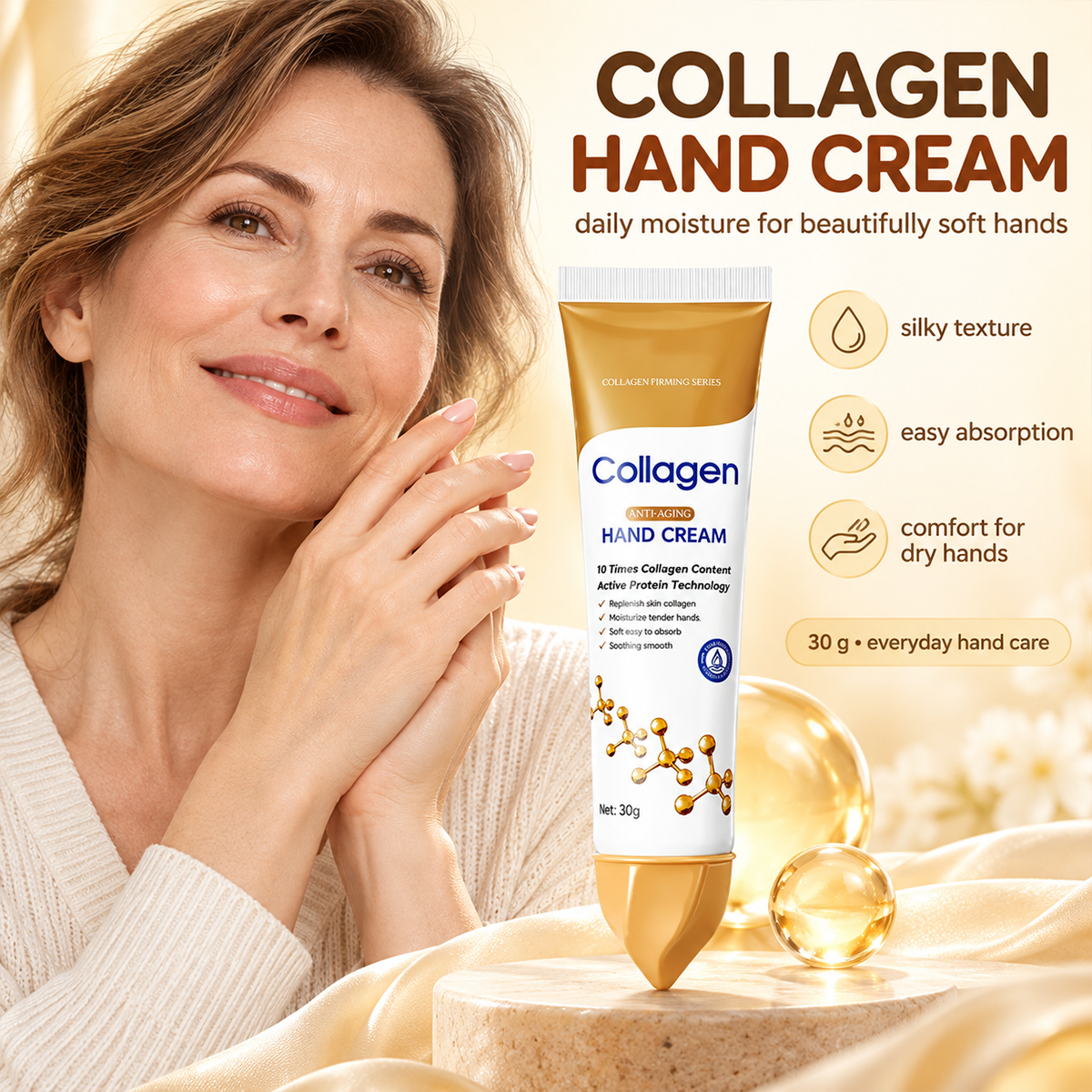 Woman applying collagen hand cream with the compact tube displayed nearby