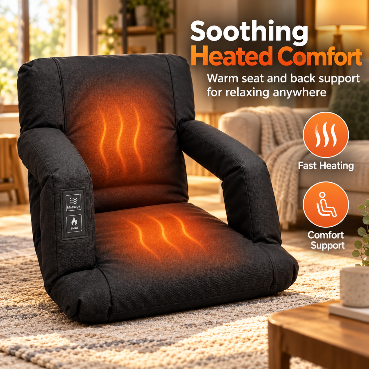 🔥 Heated Massage Floor Chair – Foldable Portable Lounge Seat with Padded Back & Armrests 🪑