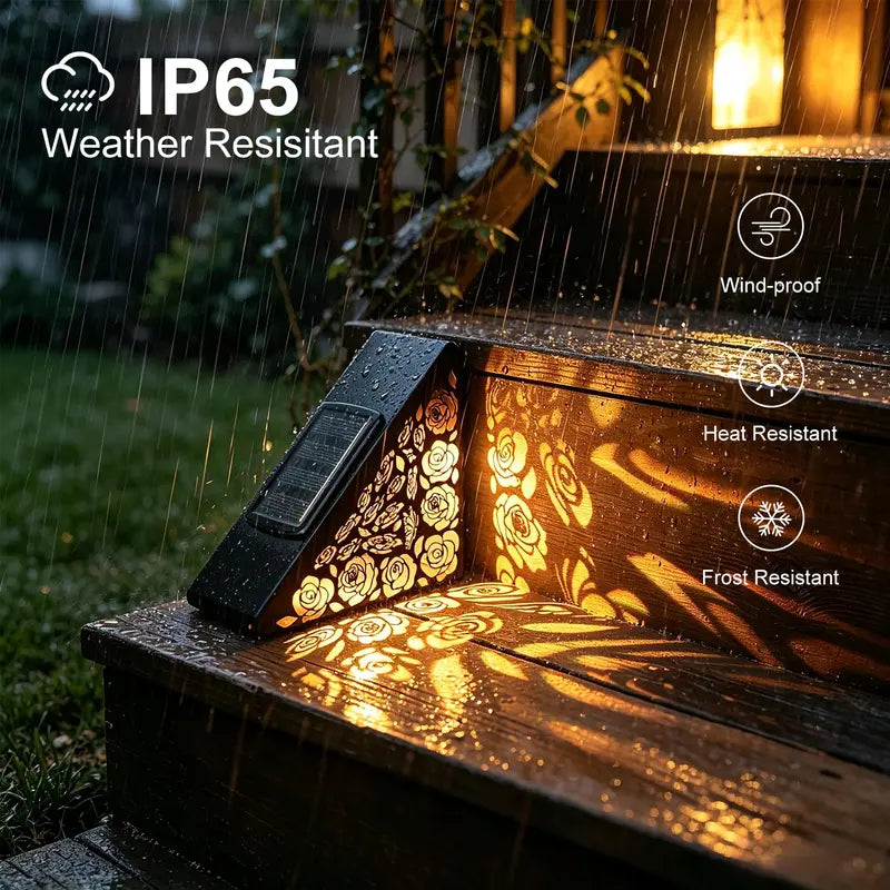 Solar outdoor step lights, IP65 waterproof LED deck/stair lights, color-changing gradient lighting, automatic dusk-to-dawn warm white light, solar-powered.