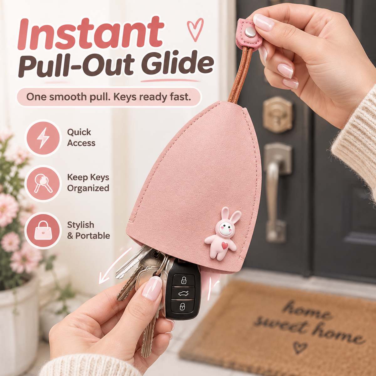 Cute Cartoon Pull-Out Leather Car Key Pouch & Organizer 🐰✨