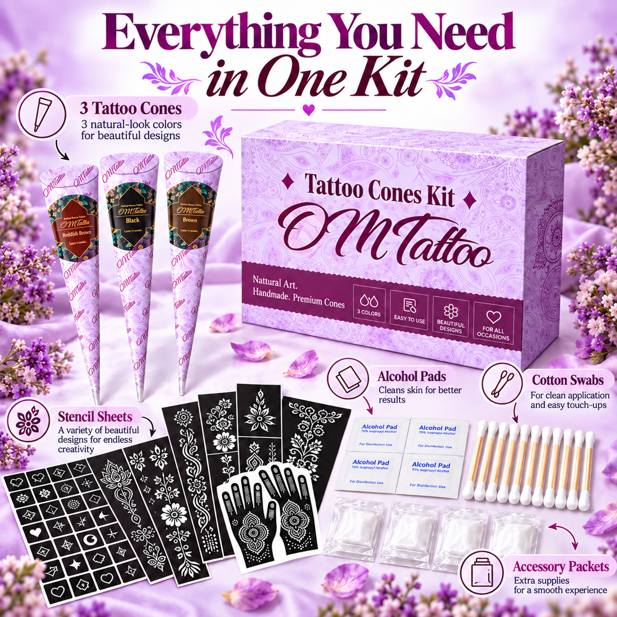 Henna Tattoo Kit with Stencils – Temporary Body Art Cones for Hands & Creative Designs