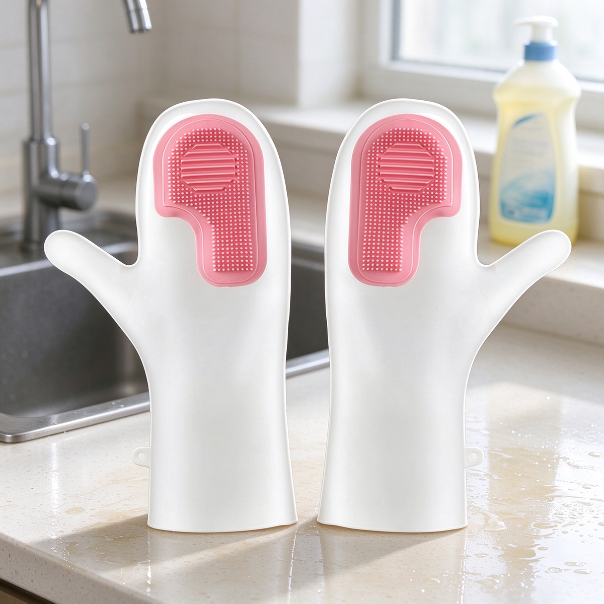 Dishwashing Gloves with Built-In Silicone Scrubber
