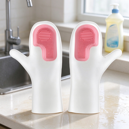 Dishwashing Gloves with Built-In Silicone Scrubber