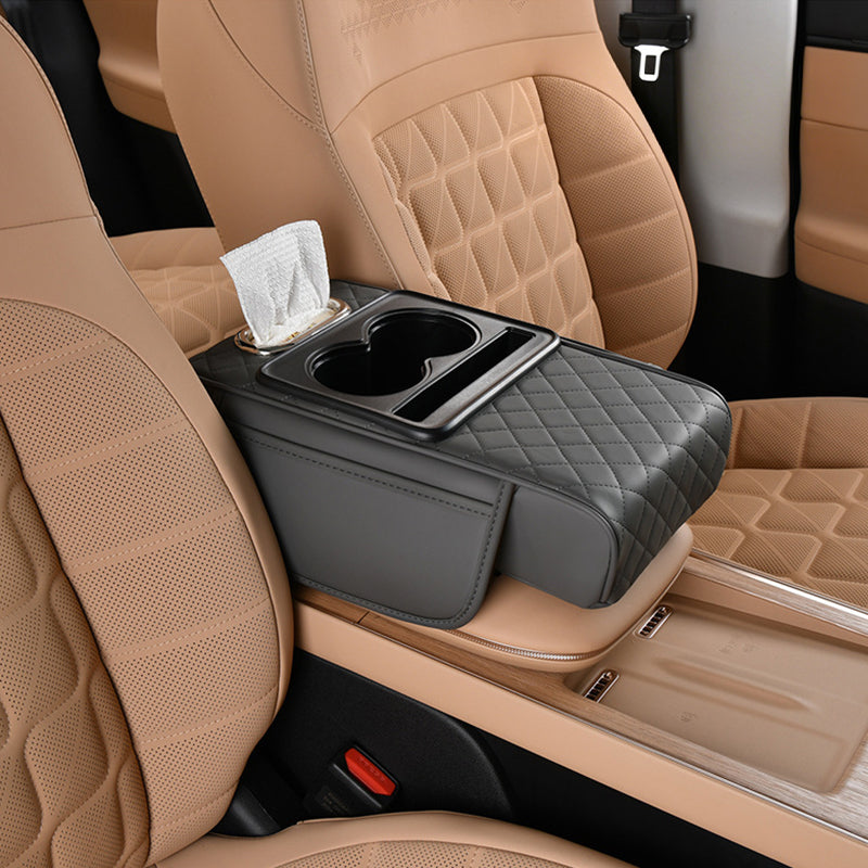 🚗 Car Console Organizer – PU Leather Armrest, Side Storage, Cup Holder