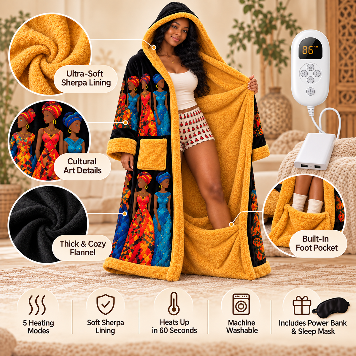 🔥 5-Mode Heated Sherpa Robe – Full-Length Wearable Warmth with Built-In Foot Pocket