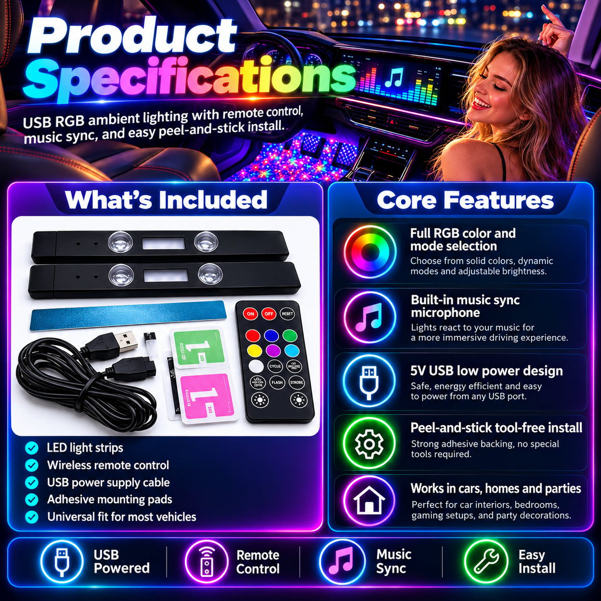 Wireless Car LED Ambient Lighting | Multi Color Music Sync Interior Light Set