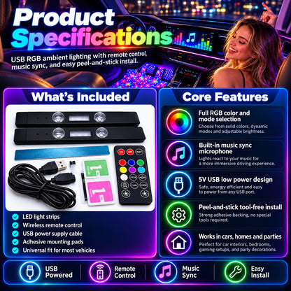 Wireless Car LED Ambient Lighting | Multi Color Music Sync Interior Light Set