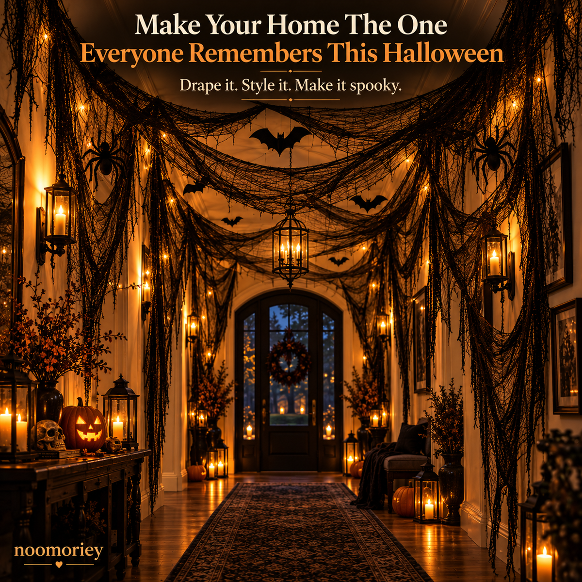 🎃 Halloween Creepy Cloth – Black Gauze Spiderweb Draping for Doorways, Stairs & Party Décor