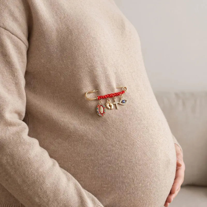 Protection Brooch for Pregnancy & Baby Religious Charm Maternity Safety Pin Brooch – Virgin Mary, Cross & Evil Eye Belly Jewelry Pin