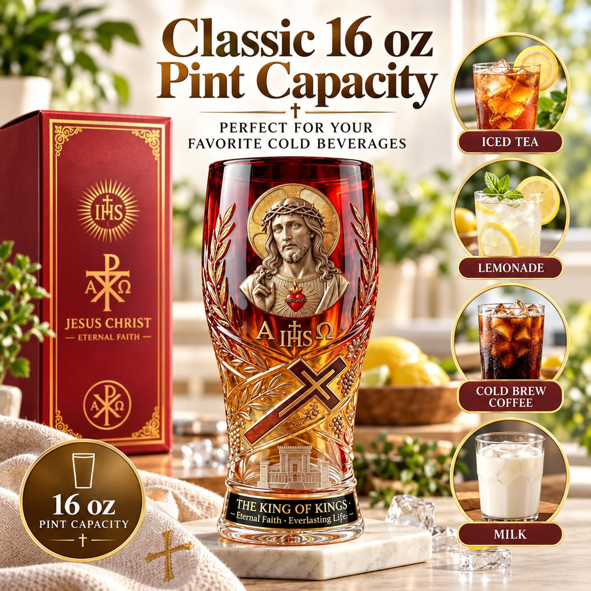 ❤️‍🔥Jesus Christ King of Kings Pint Glass – 16 oz Christian Faith Drinkware & Inspirational Gift