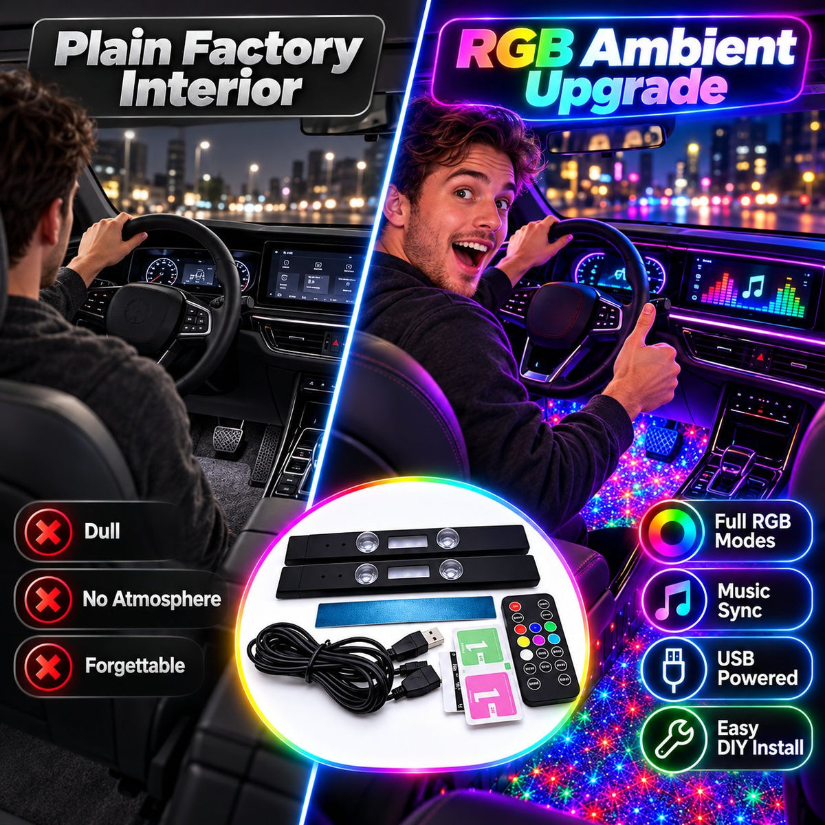 Wireless Car LED Ambient Lighting | Multi Color Music Sync Interior Light Set