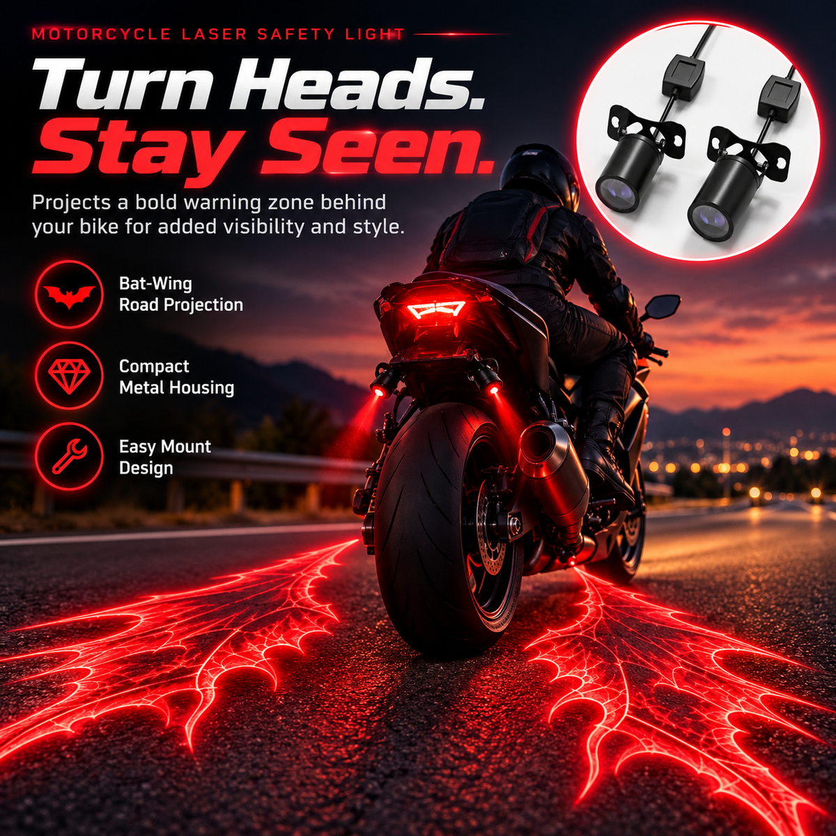 🏍️ Bat-Wing Motorcycle Laser Safety Light – Bold Road Projection Rear Warning Lamp