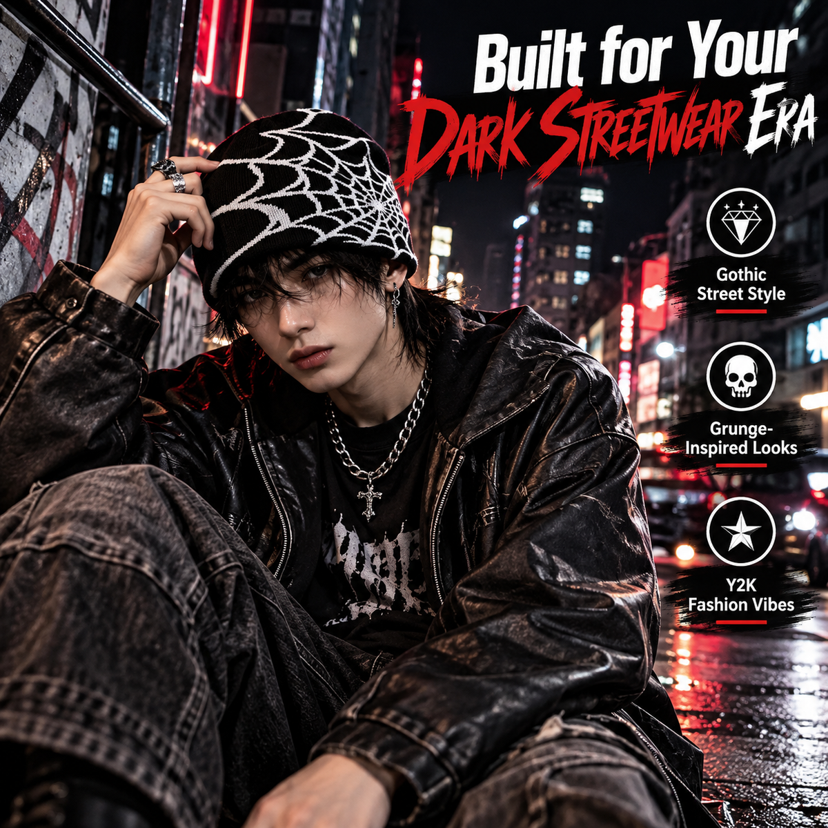 🕸️ SpiderWeb Gothic Knit Beanie – Y2K Streetwear Hat with Bold Spider Web Design
