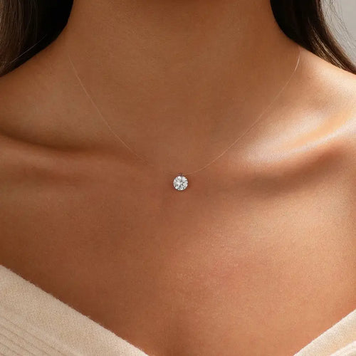 Women's Floating Cubic Zirconia Pendant Necklace on Invisible Transparent Cord