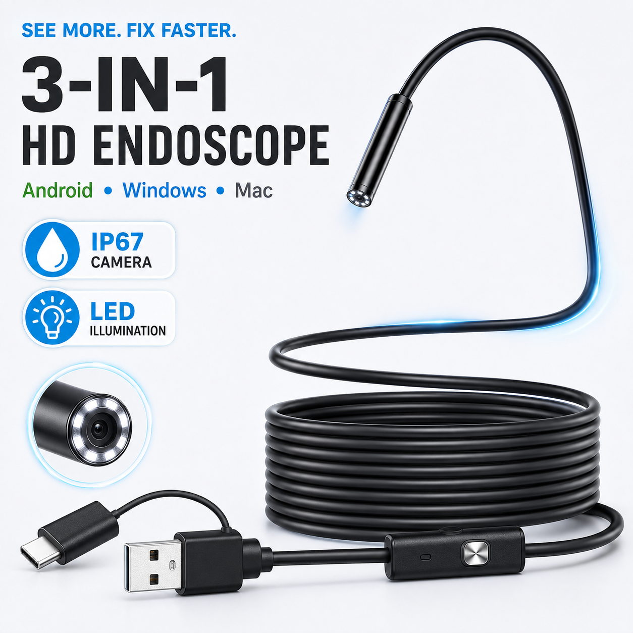 HD 3-in-1 Waterproof Endoscope Camera for Android, USB-C & USB Inspection Camera