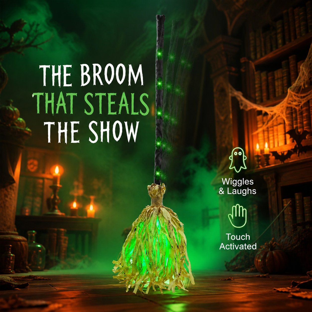 Animated Dancing Witch Broom with Green LEDs & Spooky Laughter
