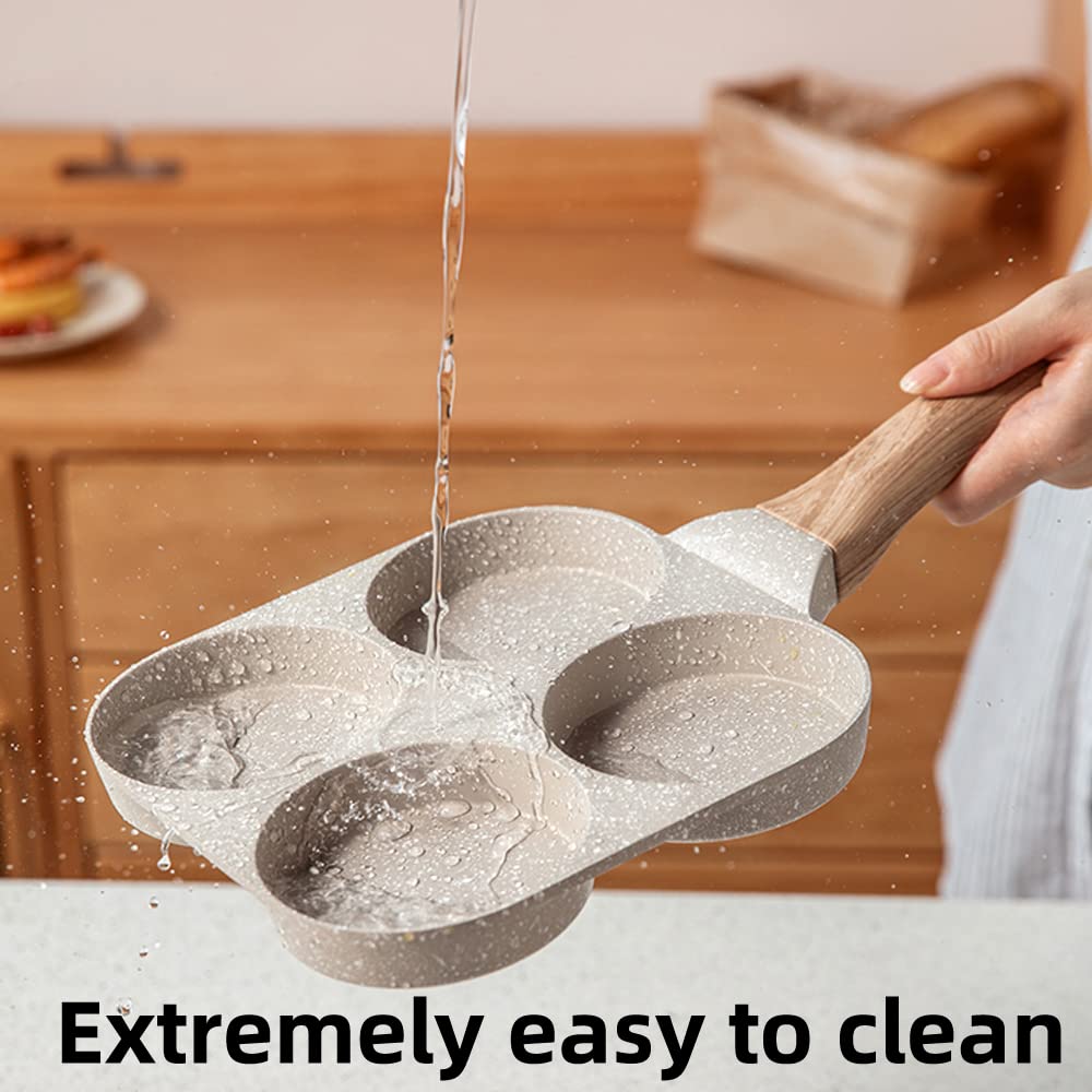🍳 Multifunctional 4-Hole Pan with Wooden Handle – Perfect for Eggs, Pancakes & Mini Pancakes