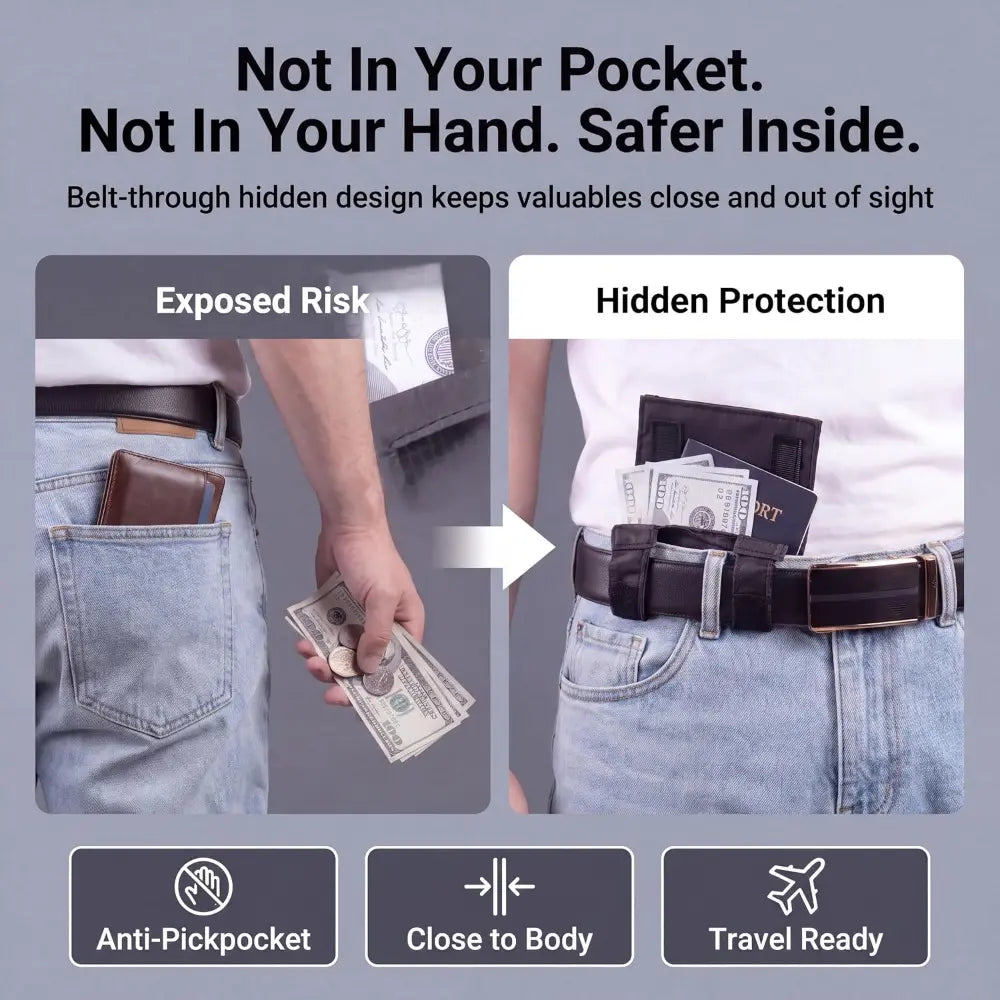 🔒 Anti-Theft Travel Waist Pouch – Slim Passport, Phone & ID Holder