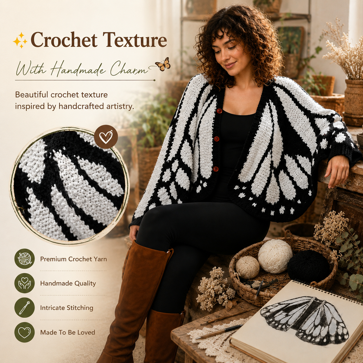 🦋Butterfly Wing Crochet Cardigan – Boho Open Front Knit Sweater