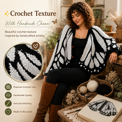 🦋Butterfly Wing Crochet Cardigan – Boho Open Front Knit Sweater