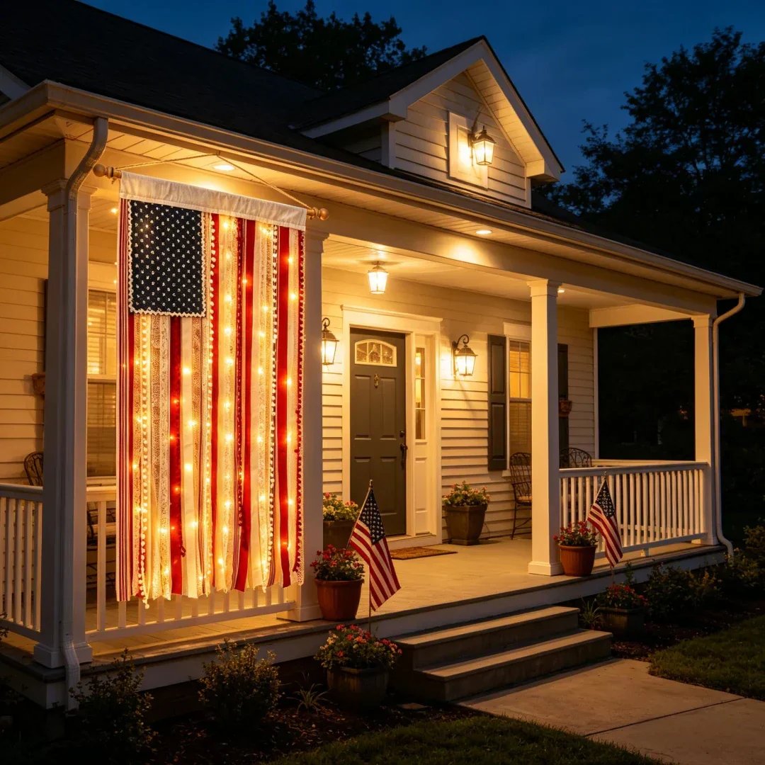 Handcrafted Lighted Rag American Flag Banner | 8 LED Modes | July 4th Patriotic Décor