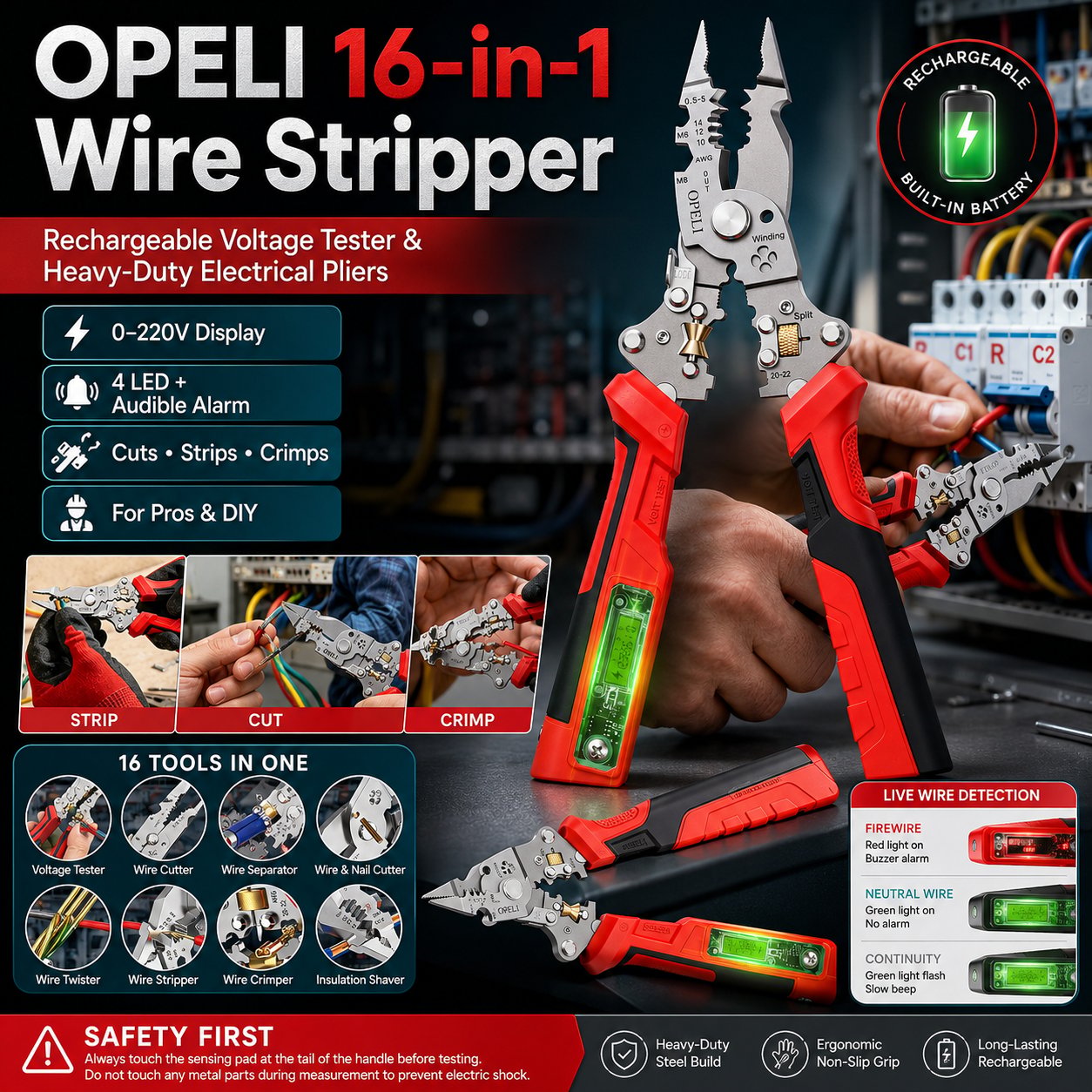 ⚡ 16-in-1 Electrical Pliers with Voltage Tester - Heavy-Duty Wire Stripper for Pros & DIYers!