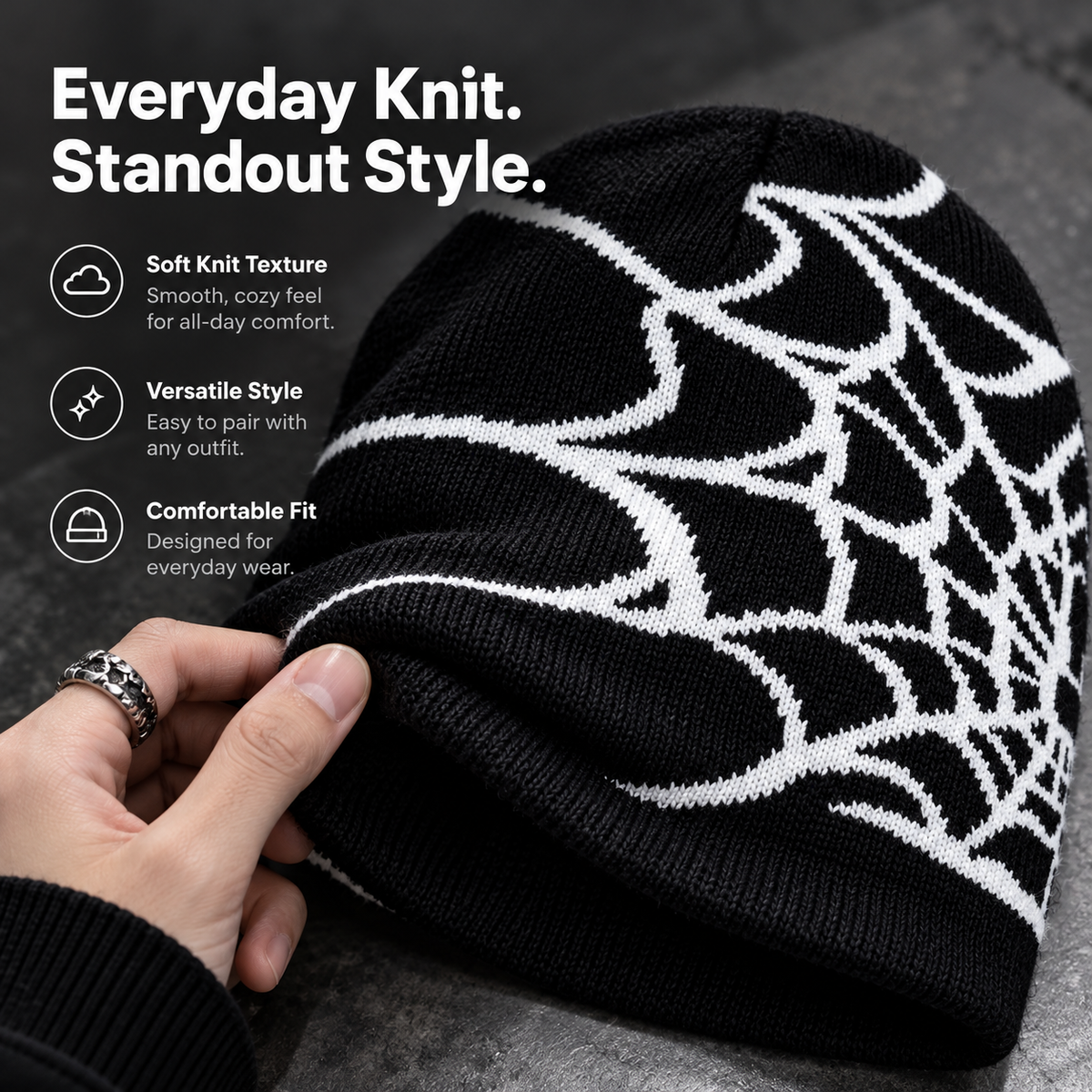 🕸️ SpiderWeb Gothic Knit Beanie – Y2K Streetwear Hat with Bold Spider Web Design