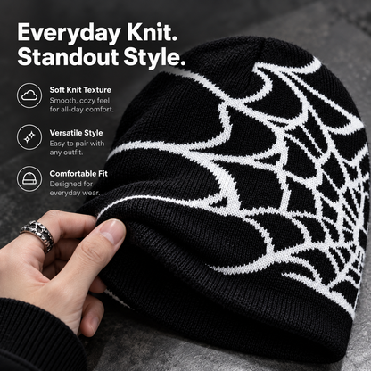🕸️ SpiderWeb Gothic Knit Beanie – Y2K Streetwear Hat with Bold Spider Web Design