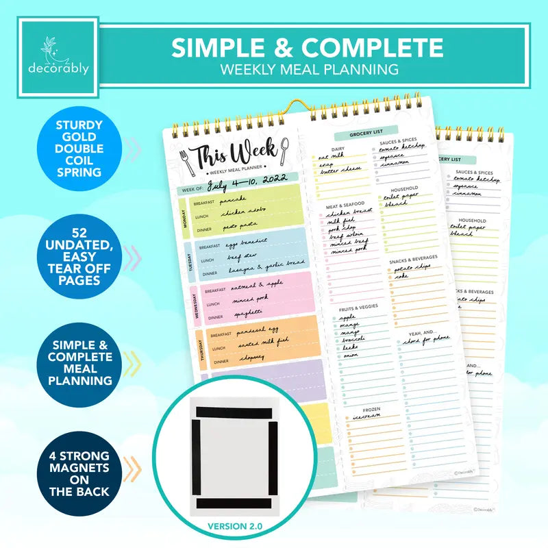 52 Sheets Pastel Undated Magnetic Weekly Meal Planner and Grocery List Notepad