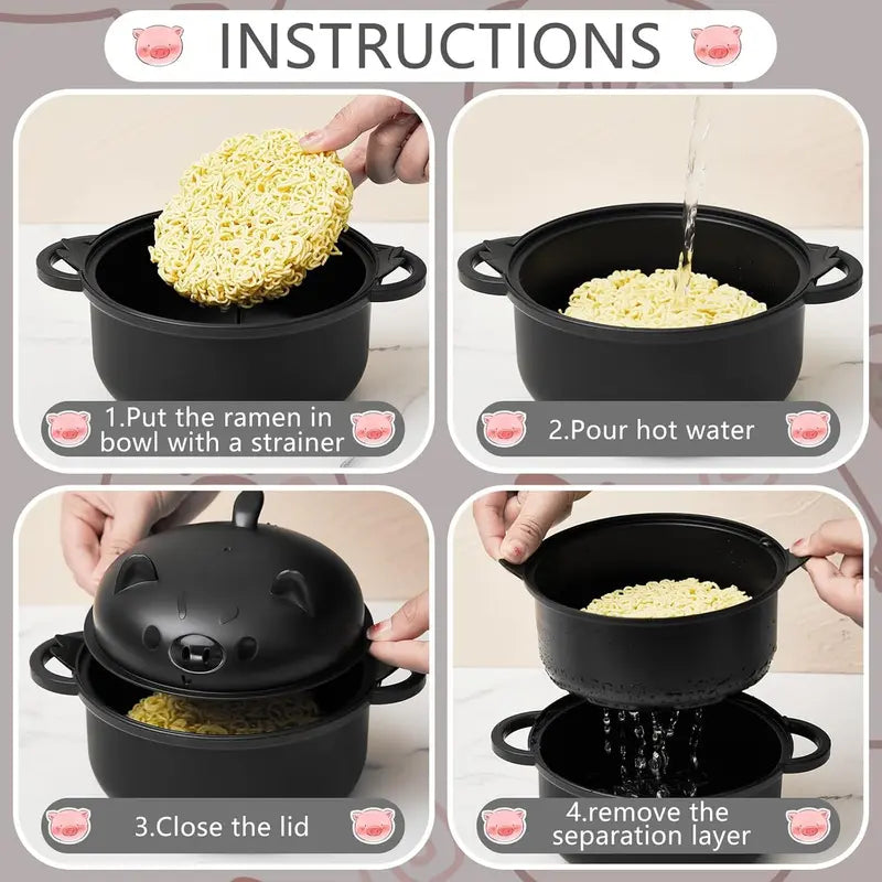 43oz (1300ml) Ergonomic Wheat Straw Microwavable Pig Ramen Cooker Bowl