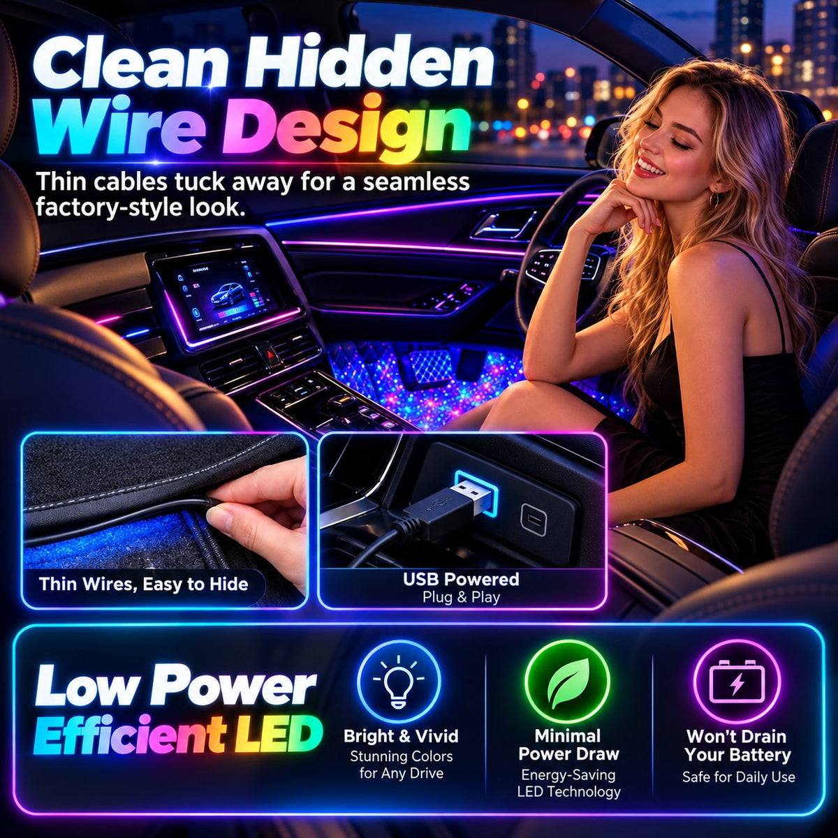 Wireless Car LED Ambient Lighting | Multi Color Music Sync Interior Light Set