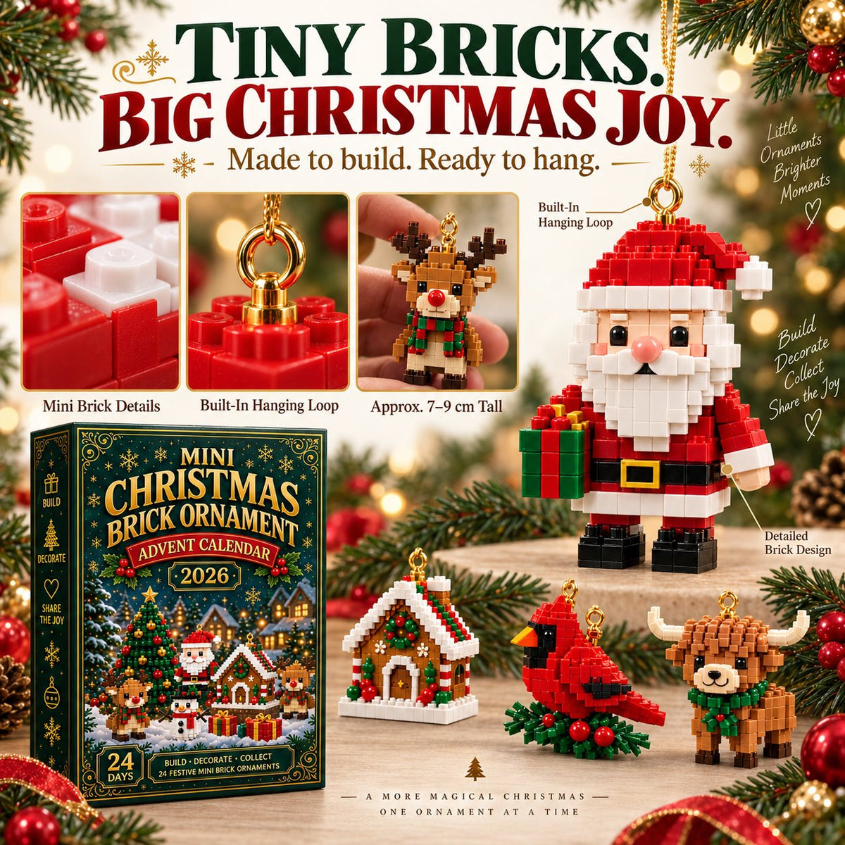 🎁🎁🎄24-Day Mini Christmas Brick Ornament Advent Calendar | 24 Unique Buildable Holiday Ornaments to Create, Hang & Keep 🧱