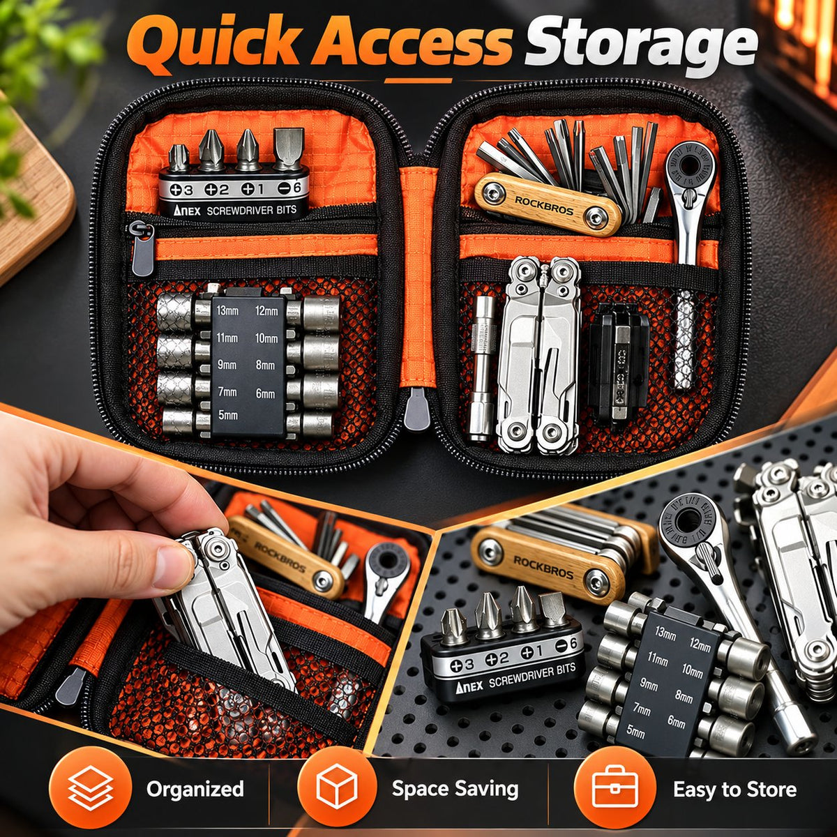 Portable EDC Repair Tool Kit, Multi-functional Hand Tool Set with Socket Wrench, Screwdriver Bits, Hex Keys & Multitool, Compact Zipper Storage Pouch