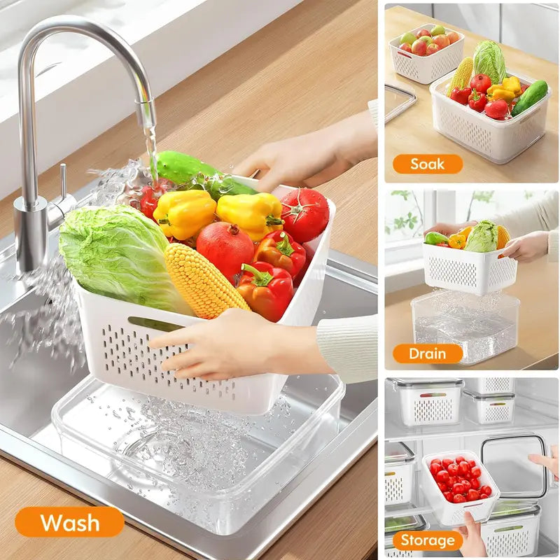 🥗🥬3 Pack Fridge Organizers and Storage - Stackable Fruit Storage Containers for Fridge with Removable Colander, BPA-Free