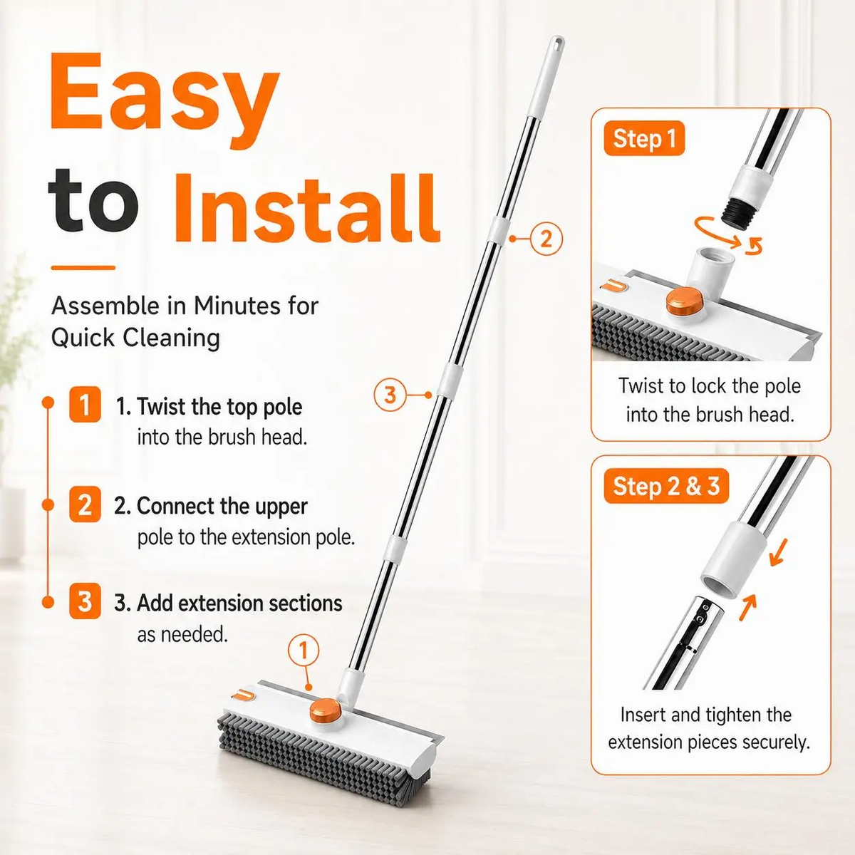 3-in-1 Floor Scrub Bathtub Brush with Long Handle, Double-Sided, Heavy-Duty Stiff Bristles & Squeegee