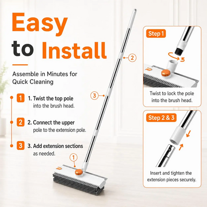 3-in-1 Floor Scrub Bathtub Brush with Long Handle, Double-Sided, Heavy-Duty Stiff Bristles & Squeegee