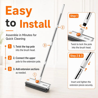 3-in-1 Floor Scrub Bathtub Brush with Long Handle, Double-Sided, Heavy-Duty Stiff Bristles & Squeegee