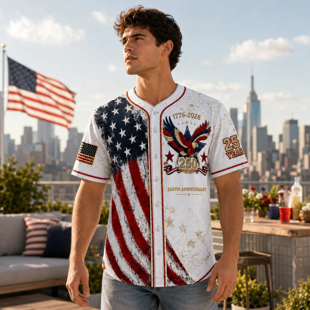 Men's USA 250th Anniversary Baseball Jersey Patriotic American Flag Eagle Button Down Shirt 1776-2026, Vintage Distressed 4th of July Independence Day Graphic Tee, Unisex Casual Sports Top for Men Women, White